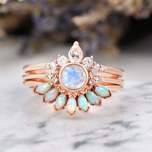 Art deco moonstone engagement ring set rose gold vintage marquise opal wedding rings pear moissanite curved band anniversary bridal set