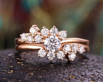 Moissanite engagement ring set Vintage art deco moissanite cluster rings rose gold unique flower wedding ring promise anniversary bridal set