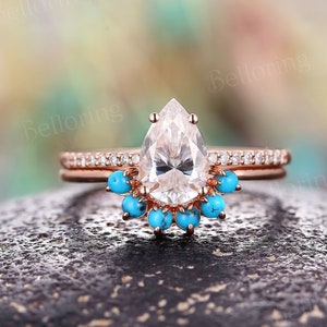 Pear shaped moissanite engagement ring set vintage half eternity diamond rings curved turquoise wedding bridal set anniversary wedding ring