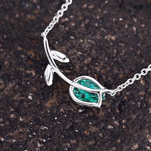 Pear shaped emerald wedding necklace White gold delicate leaf flower pendant bridal anniversary tulip necklace Nature inspired necklace