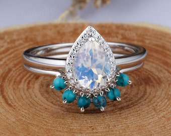 Pear shaped moonstone engagement ring set vintage art deco diamond halo rings turquoise curved ring birthstone anniversary bridal set