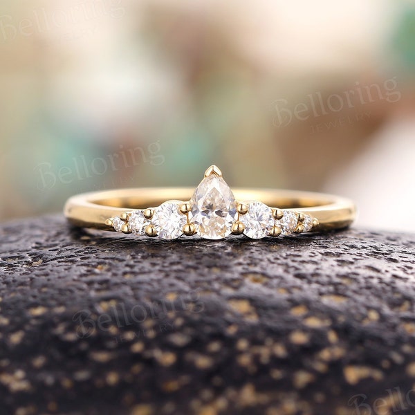 Pear shaped moissanite wedding band solid yellow gold art deco stacking ring vintage simple bridal matching band  promise anniversary ring