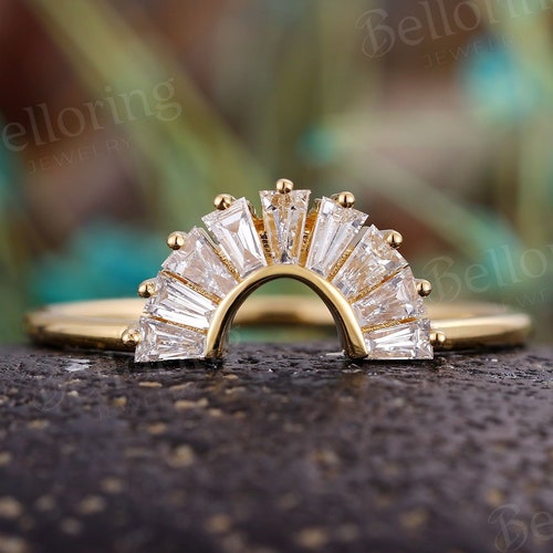 Baguette Diamond CZ Wedding Band Curved Wedding band Yellow Gold Band Vintage Antique Matching stacking band Bridal Anniversary band A101