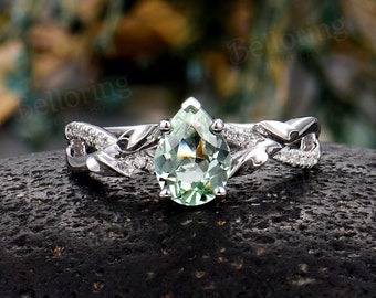 Vintage Birnen Grüner Saphir Verlobungsring: Verdrehter Moissanite Blattranke Brautring
