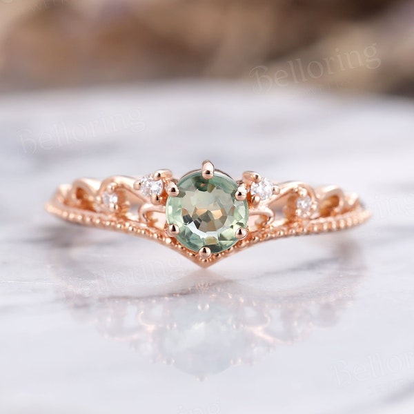 Round green sapphire engagement ring rose gold vintage diamond wedding rings unique art deco unique crown ring promise anniversary rings