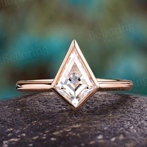 Vintage kite moissanite engagement ring rose gold ring solitaire ring delicate bezel set ring unique anniversary promise bridal ring