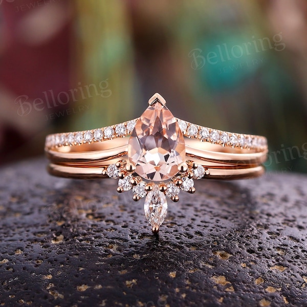 Pear shaped morganite engagement ring set vintage diamond half eternity rings marquise moissanite curved band promise anniversary bridal set