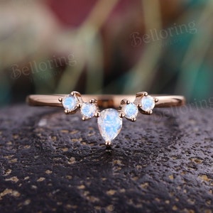 Pear shaped moonstone curved wedding band vintage dainty stacking bands unique art deco rose gold matching band anniversary wedding ring
