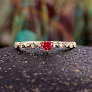 Unique Heart Shaped Ruby Engagement Ring,Vintage Half Eternity Yellow Gold Diamond Wedding Ring