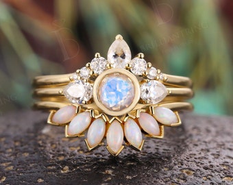 Art deco moonstone engagement ring set Vintage marquise opal wedding rings yellow gold unique moissanite bridal set anniversary wedding ring