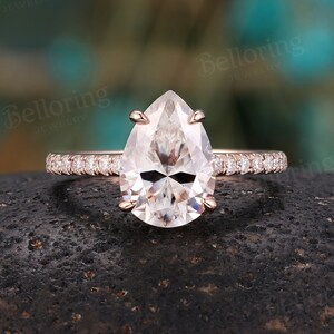 Vintage Moissanite engagement ring Rose gold art deco diamond rings pear shaped half eternity wedding band anniversary promise bridal ring
