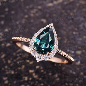 Vintage Teal Sapphire engagement ring in 14K Gold - Delicate diamond moissanite halo ring | rose gold wedding ring promise ring By Belloring