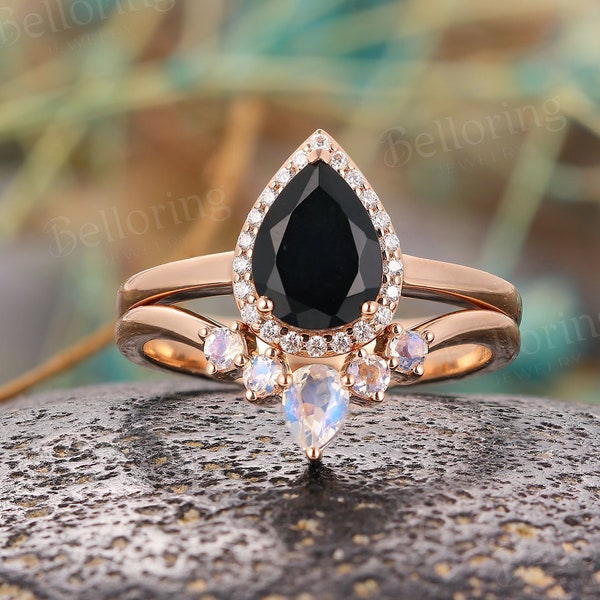 Black Onyx engagement ring set vintage art deco moissanite halo rings pear shape moonstone wedding ring antique anniversary bridal set