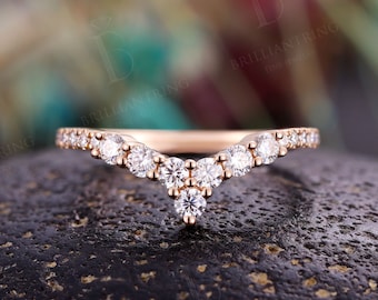 Moissanite diamond curved wedding band unique rose gold chevron stacking rings vintage antique solid 14K matching promise anniversary ring