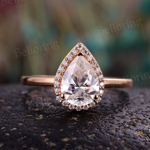 Pear shaped moissanite engagement ring rose gold art deco halo rings prong set unique anniversary promise ring vintage wedding ring