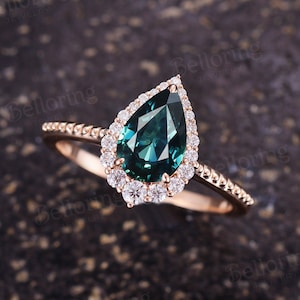 Vintage Teal Sapphire engagement ring art deco diamond moissanite halo rings rose gold wedding ring anniversary delicate promise ring