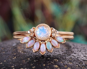 Vintage Moonstone engagement ring Set Marquise opal wedding rings bezel set rose gold  art deco bridal set anniversary promise rings