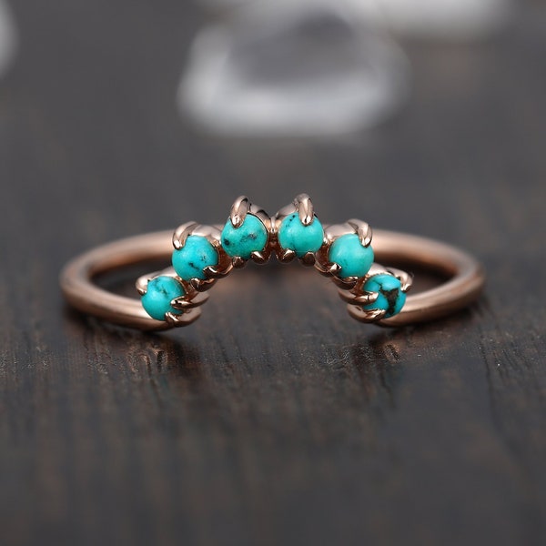 Vintage turquoise curved wedding band rose gold stacking wedding band art deco contour matching band antique promise anniversary ring