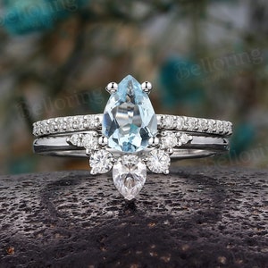 Aquamarine engagement ring set white gold milgrain wedding rings pear shaped diamond moissanite half eternity rings anniversary bridal set