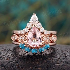 Pear shaped morganite engagement ring set art deco moissanite diamond rings vintage rose gold turquoise wedding ring anniversary ring