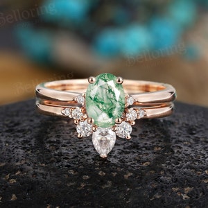 Vintage oval Moss Agate engagement ring set yellow gold moissanite bridal rings art deco pear shaped diamond ring anniversary bridal set