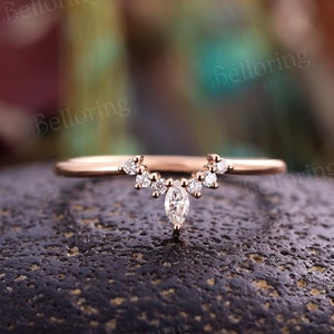 Marquise Diamant / Moissanit Geschwungener Ehering 14K Roségold Stapelring Vintage Unikat Ehering Versprechen Jahrestag Trauringe