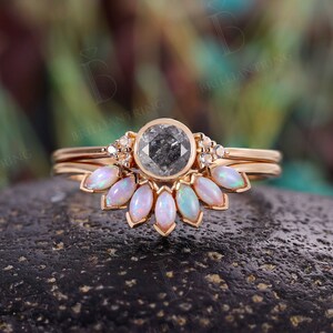 Salt Pepper Diamond engagement ring set vintage marquise opal wedding band rose gold bezel set rings antique anniversary bridal set