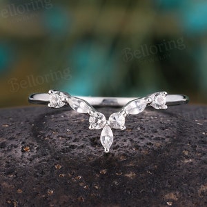 Marquise moissanite curved wedding band white gold chevron diamond stacking bands vintage V shaped matching band promise anniversary ring