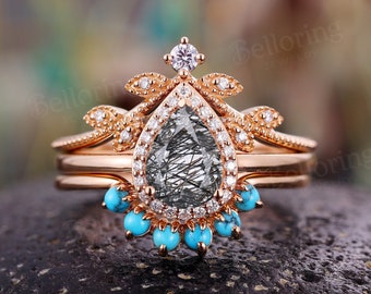 Black rutilated quartz engagement ring set art deco rose gold diamond moissanite rings turquoise curved ring anniversary promise bridal set