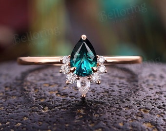 Vintage Teal Sapphire engagement ring Rose gold art deco moissanite rings pear shaped diamond ring unique anniversary promise ring