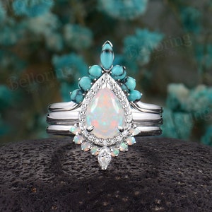 Pear shaped opal engagement ring set art deco moissanite diamond halo rings marquise turquoise ring white gold anniversary bridal set