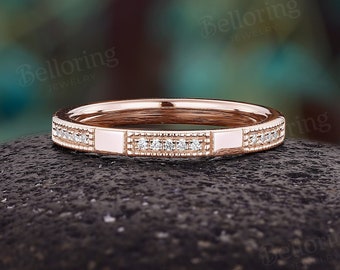 Vintage Milgrain Diamond Wedding Band: Unique 14K Rose Gold Stackable Promise Anniversary Ring