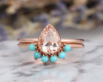 Pear shaped morganite engagement ring set rose gold vintage turquoise curved wedding rings antique teardrop anniversary bridal set