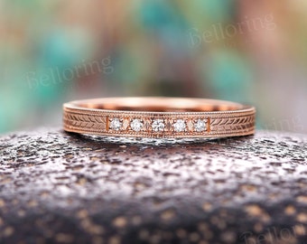 Vintage diamond straight wedding band rose gold art deco half eternity rings handmade dainty stacking ring promise anniversary matching ring