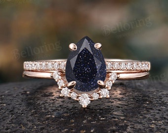 Pear shaped blue sandstone engagement ring set half eternity moissanite wedding ring set antique diamond bridal set anniversary rings