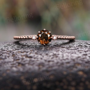 Anillo de compromiso vintage de cuarzo ahumado, anillo art déco de oro rosa con diamantes, anillo antiguo con cuentas, delicado anillo minimalista de aniversario.