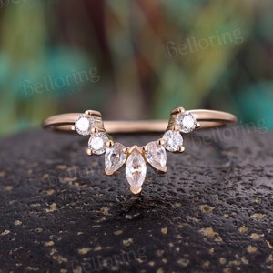 Moissanite diamond curved wedding band rose gold marquise pear shaped rings vintage chevron stacking bands antique anniversary matching ring