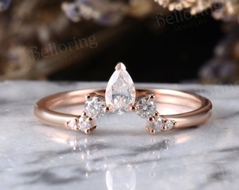 Pear shaped moissanite curved wedding band rose gold vintage chevron stacking bands antique unique matching ring promise anniversary rings