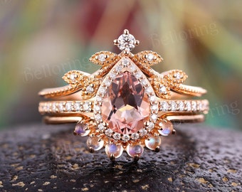 Pear shaped morganite engagement ring set rose gold vintage moissanite halo rings moonstone curved wedding ring anniversary bridal set