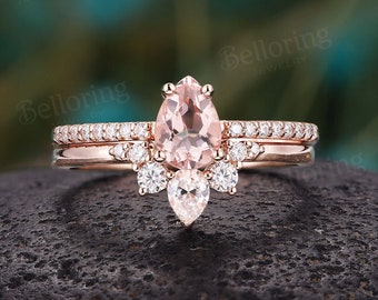 Vintage Morganite engagement ring set pear shaped moissanite curved wedding band set Half eternity Wedding ring set anniversary bridal set