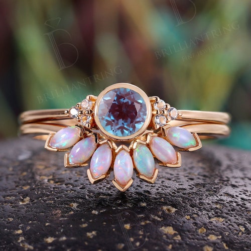 Vintage Alexandrite Engagement Ring Set Rose Gold Kite Ring - Etsy