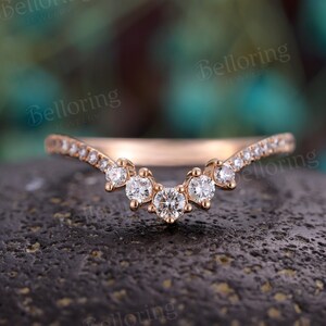 Moissanite Diamond Curved wedding band Vintage Chevron stacking ring Solid 14K rose gold band Antique  promise anniversary matching ring