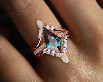 Vintage Alexandrite engagement ring set Rose gold kite ring set unique marquise opal rings art deco moonstone bridal set anniversary ring