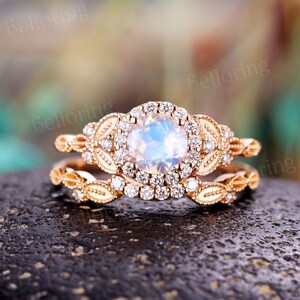 Art deco moonstone engagement ring set rose gold moissanite diamond halo ring flower leaf wedding ring promise anniversary bridal set