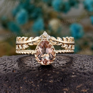 Pear shaped morganite engagement ring set yellow gold vintage diamond wedding rings unique leaf curved ring art deco anniversary bridal set