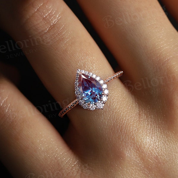 Vintage Pear Alexandrite verlovingsring moissanite halo Rose gouden ring milgrain art deco diamanten ring unieke verjaardag belofte ring