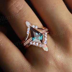 Vintage Alexandrite engagement ring set Rose gold kite ring set unique marquise opal rings art deco moonstone bridal set anniversary ring