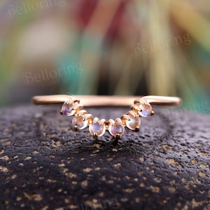 Vintage moonstone curved wedding band rose gold chevron stacking ring art deco unique matching bands antique anniversary wedding ring