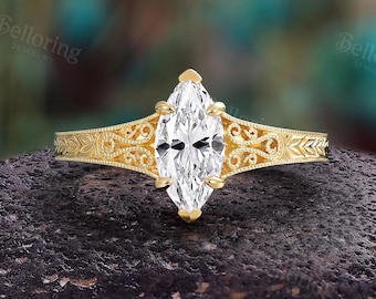 Vintage Marquise Moissanite Engagement Ring:Art Deco Yellow Gold Leaf Engrave Filigree Ring, Proposal Anniversary Gift