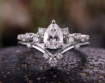 CC Moissanite engagement ring set pear cut vintage unique prong set rings curved wedding band antique promise anniversary bridal set